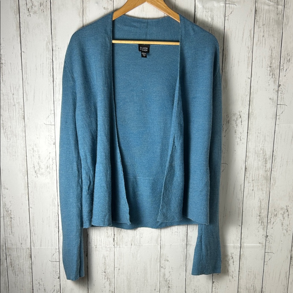 Eileen Fisher 100% Merino Wool Blue Open Front Knit Cardigan Sweater Small